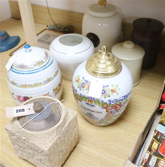 A Houses of Parliament Stone tobacco jar, inscribed to lid and six other large tobacco jars